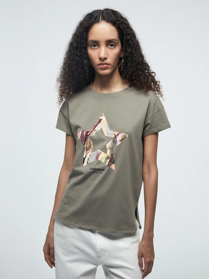 POLERA MUJER SFERA ALGODÓN MANGA CORTA LENTEJUELAS - 1