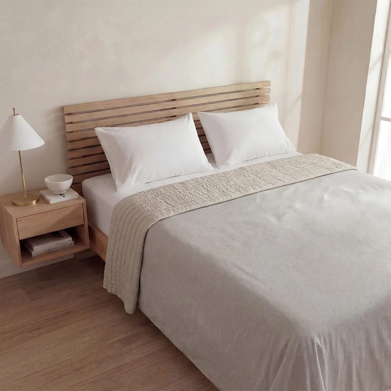 CUBRECAMA RIPLEY HOME VELVET HOJAS SÚPER KING BEIGE - 1