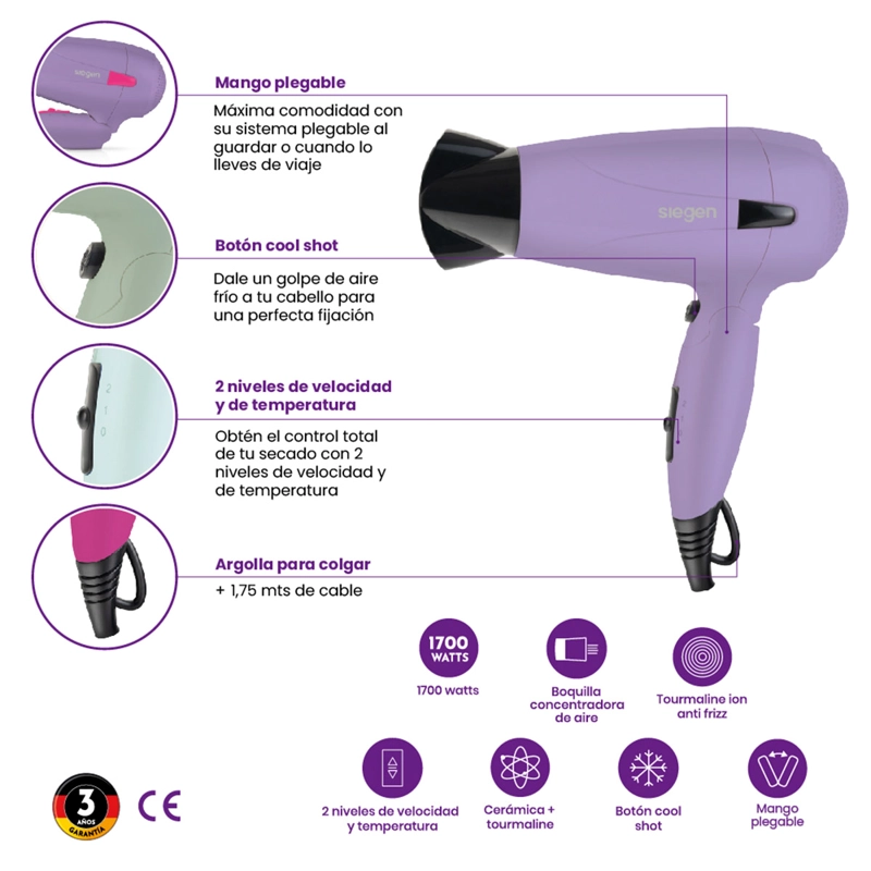 SECADOR DE PELO SIEGEN LET’S GO TRAVEL SG-3012C62 1700W - 8