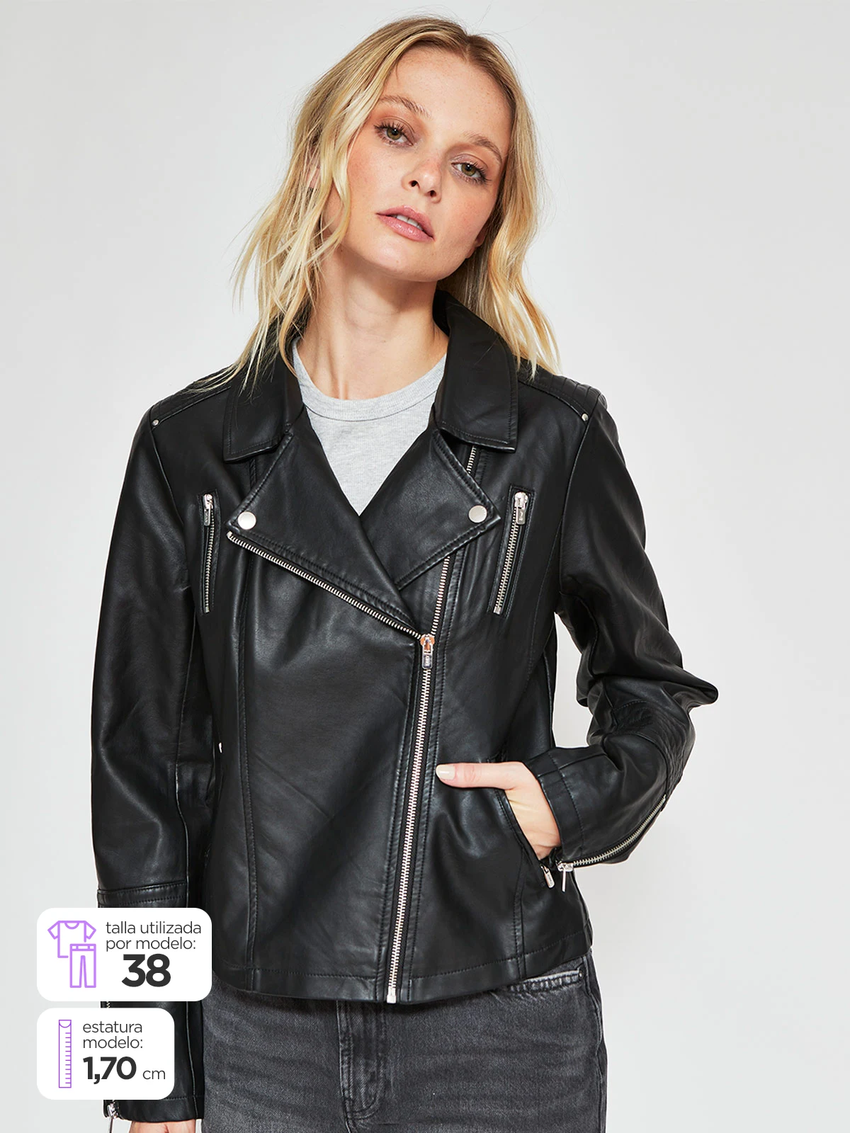 CHAQUETA MUJER ONLY BIKER CORTA EFECTO PIEL CIERRE ASIMÉTRICO - 1