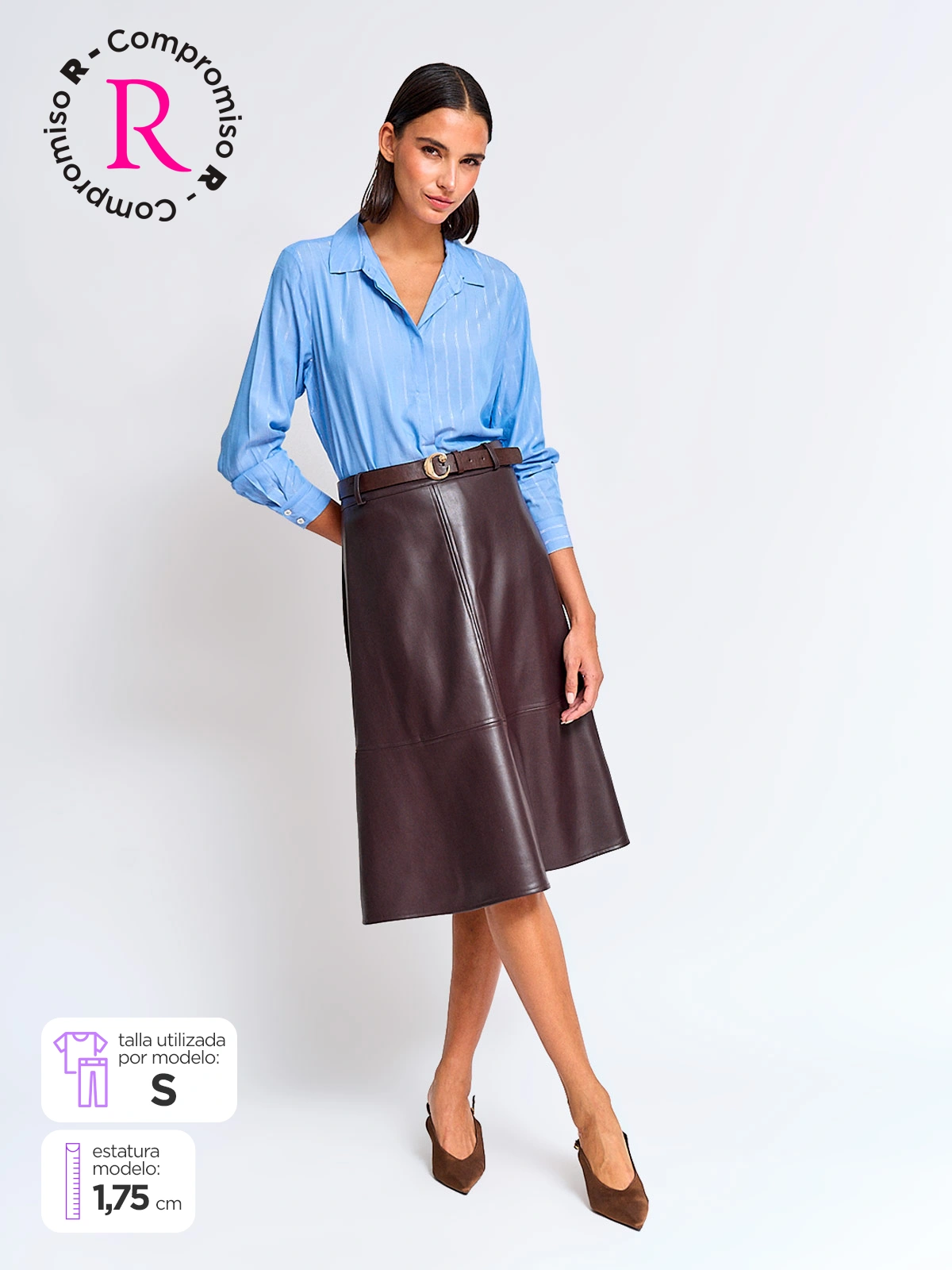 FALDA MUJER CACHAREL MIDI TIPO CUERO CINTURÓN - 1