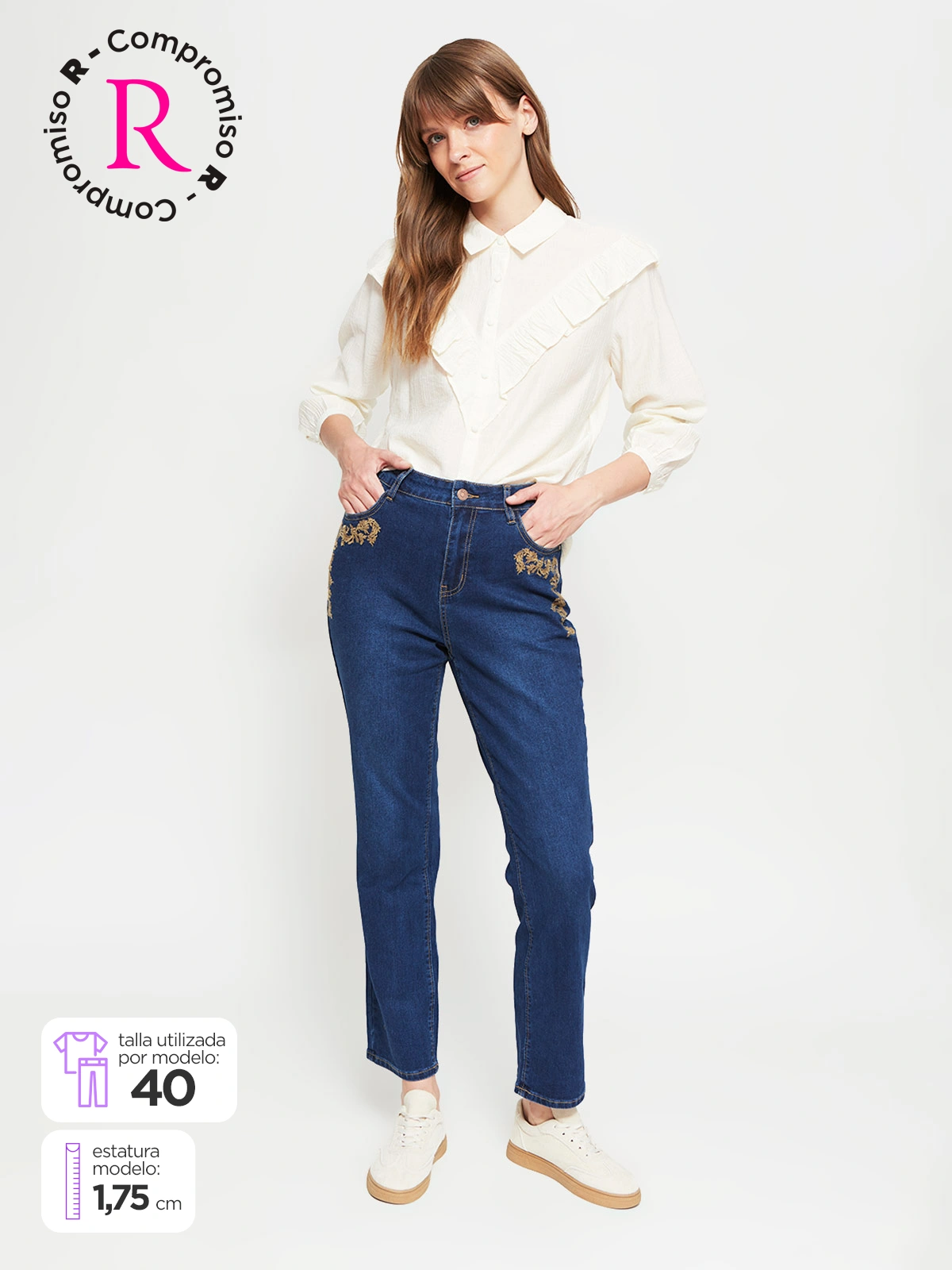 JEANS MUJER AZIZ ALGODÓN REGULAR BORDADO - 1