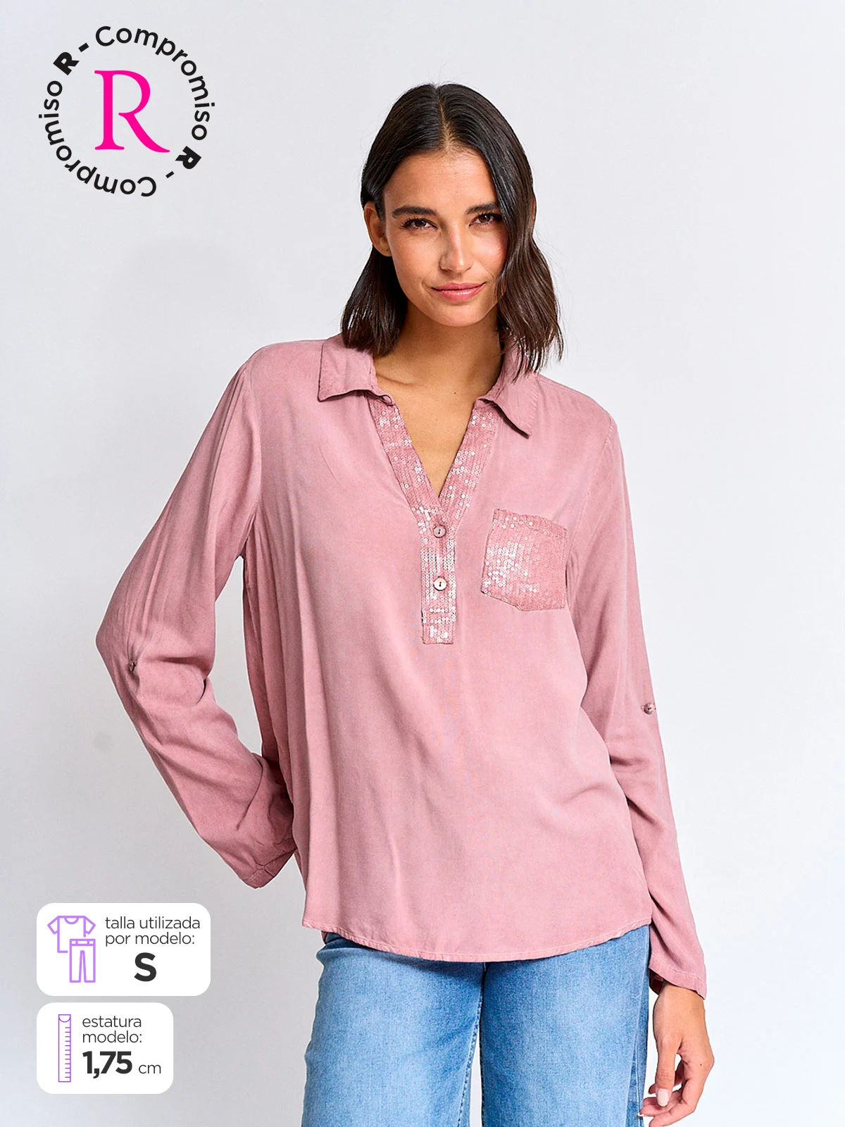 BLUSA MUJER TATIENNE CUELLO CAMISERO MANGA LARGA LENTEJUELAS - 1