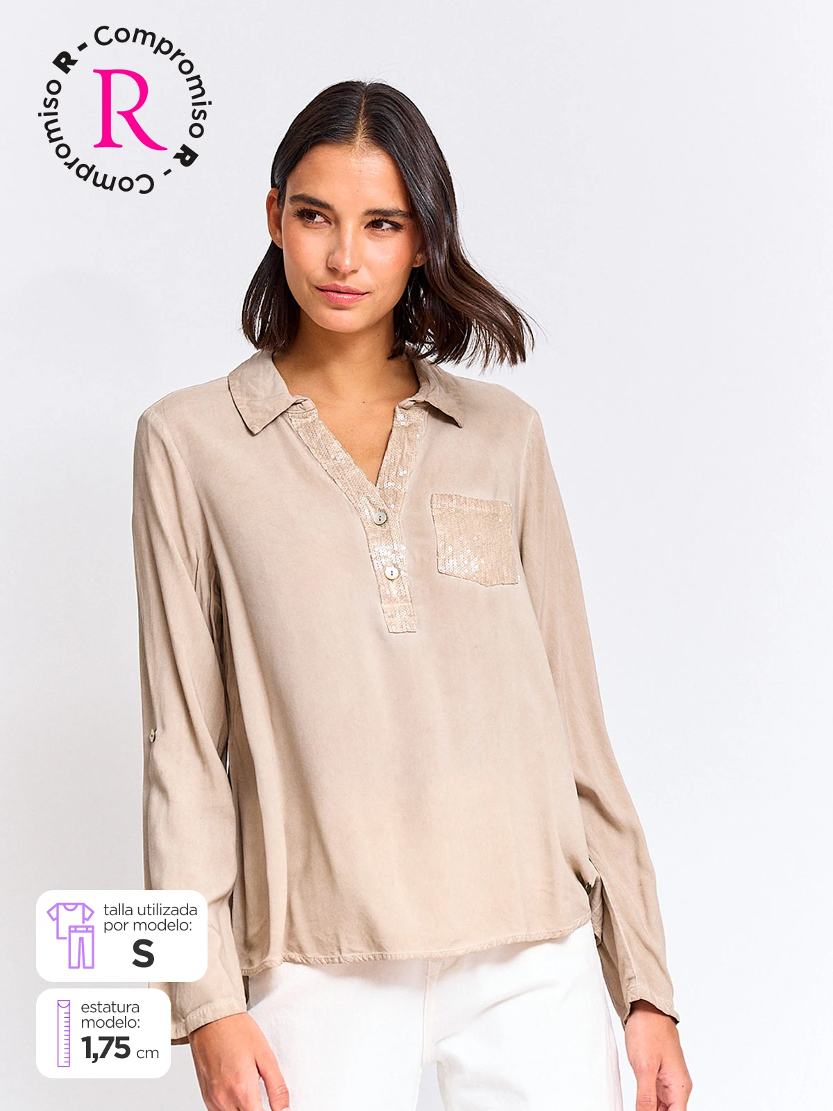 BLUSA MUJER TATIENNE CUELLO CAMISERO MANGA LARGA LENTEJUELAS - 1