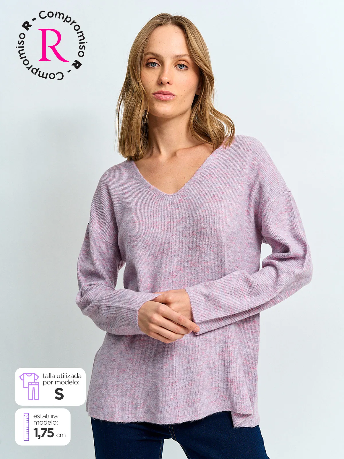 SWEATER MUJER AZIZ CUELLO EN V LISO - 1