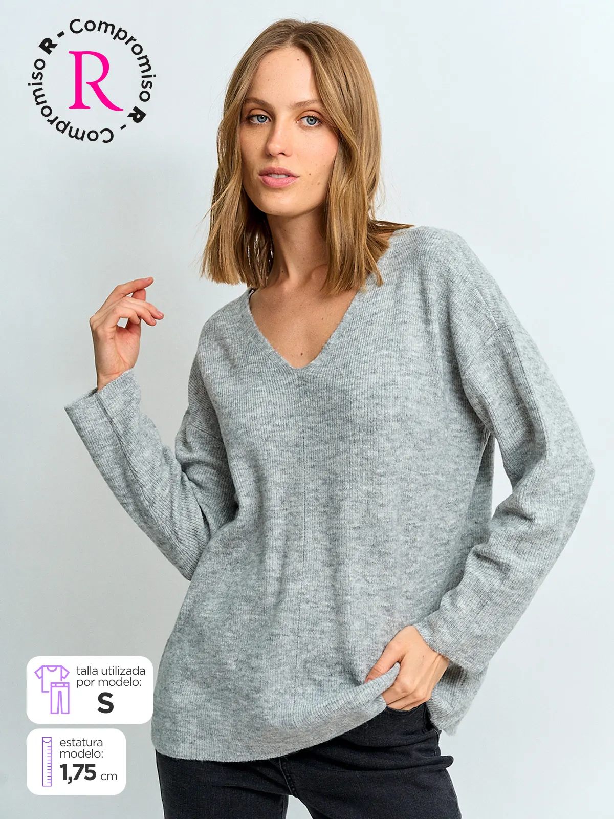 SWEATER MUJER AZIZ CUELLO EN V LISO - 1