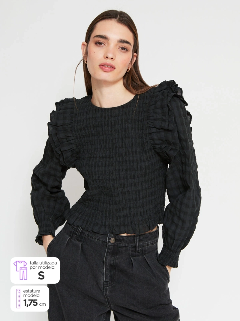 BLUSA MUJER BARBADOS ALGODÓN CUADROS RUFFLES - 1