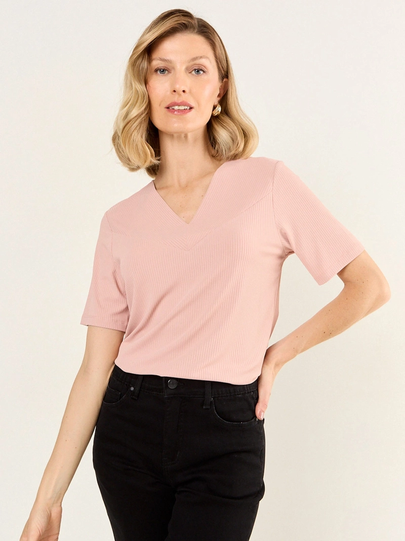 POLERA MUJER MA GRIFFE ESCOTE EN V MANGA CORTA ACANALADA - 3