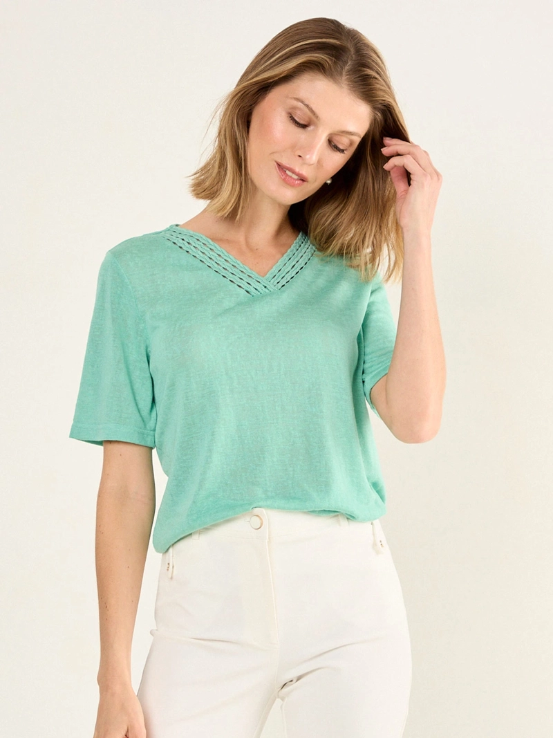 POLERA MUJER MA GRIFFE ALGODÓN ESCOTE EN V MANGA CORTA MACRAMÉ - 3