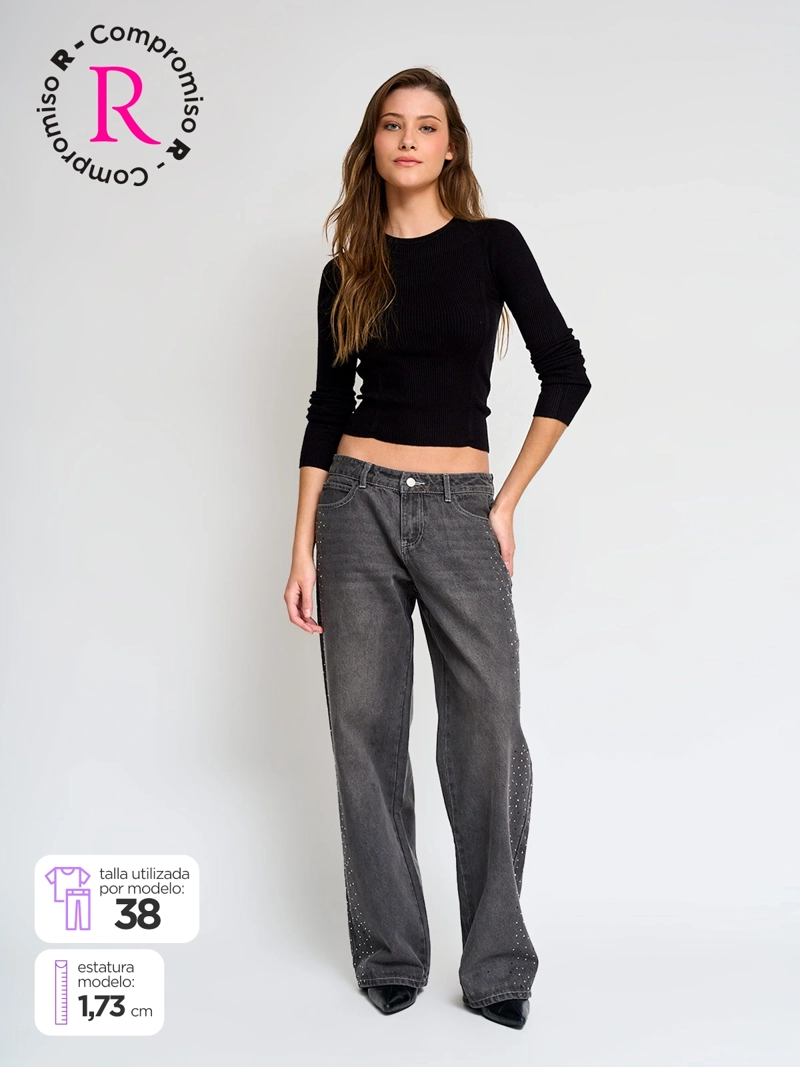 JEANS MUJER INDEX ALGODÓN TIRO BAJO BRILLOS - 1
