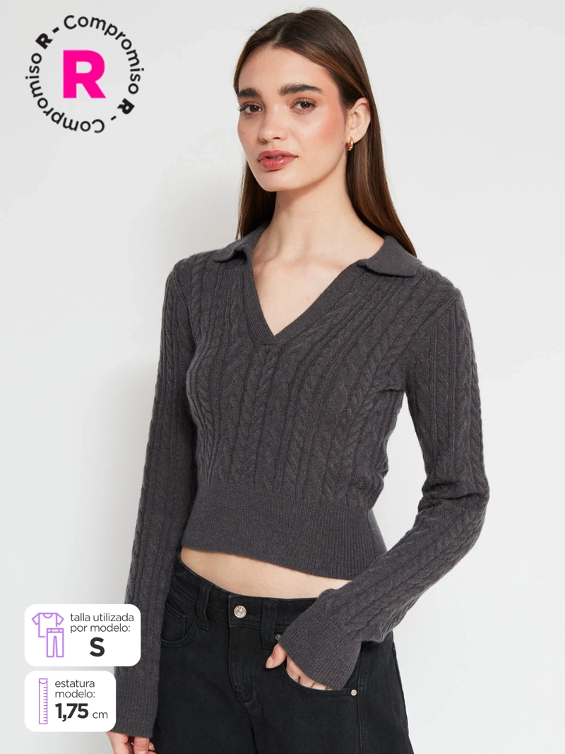 SWEATER MUJER INDEX CUELLO POLO MANGA LARGA TRENZADO - 1