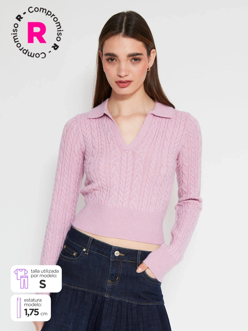 SWEATER MUJER INDEX CUELLO POLO MANGA LARGA TRENZADO - 1