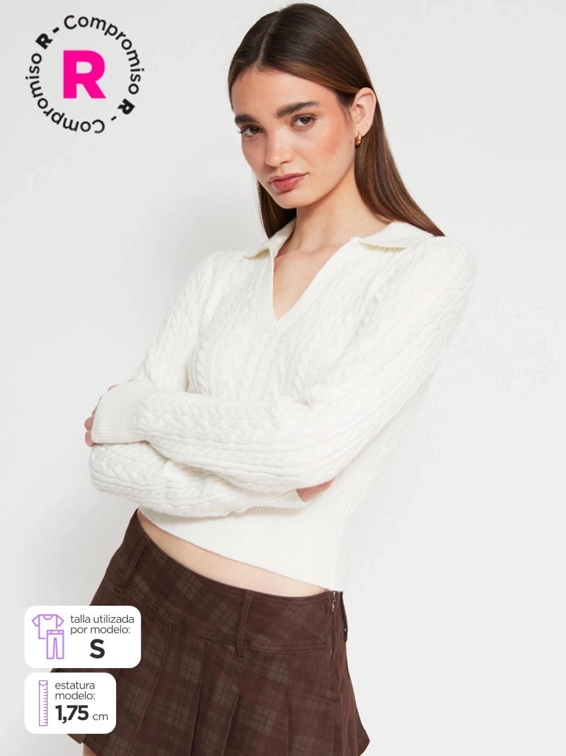 SWEATER MUJER INDEX CUELLO POLO MANGA LARGA TRENZADO - 1