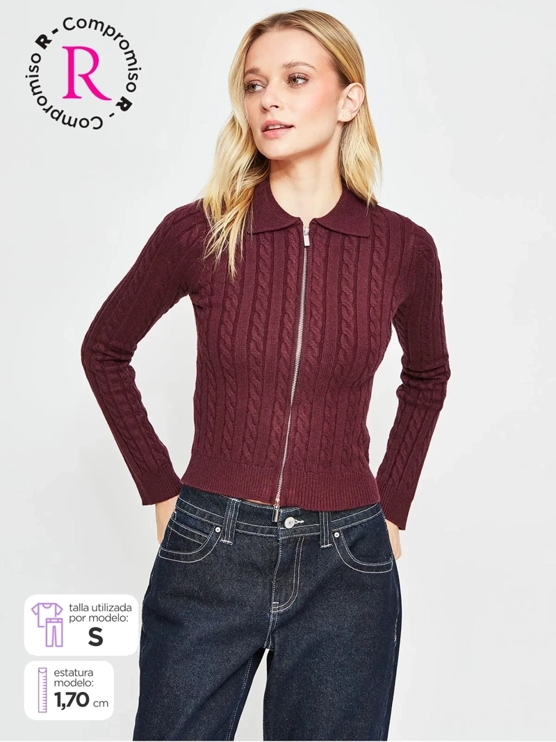 SWEATER MUJER INDEX MANGA LARGA TRENZADO CIERRE
