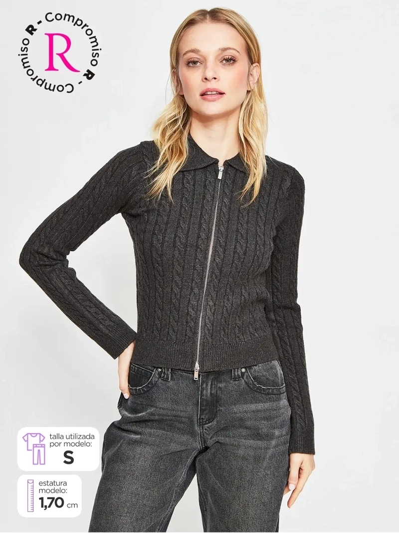 SWEATER MUJER INDEX MANGA LARGA TRENZADO CIERRE