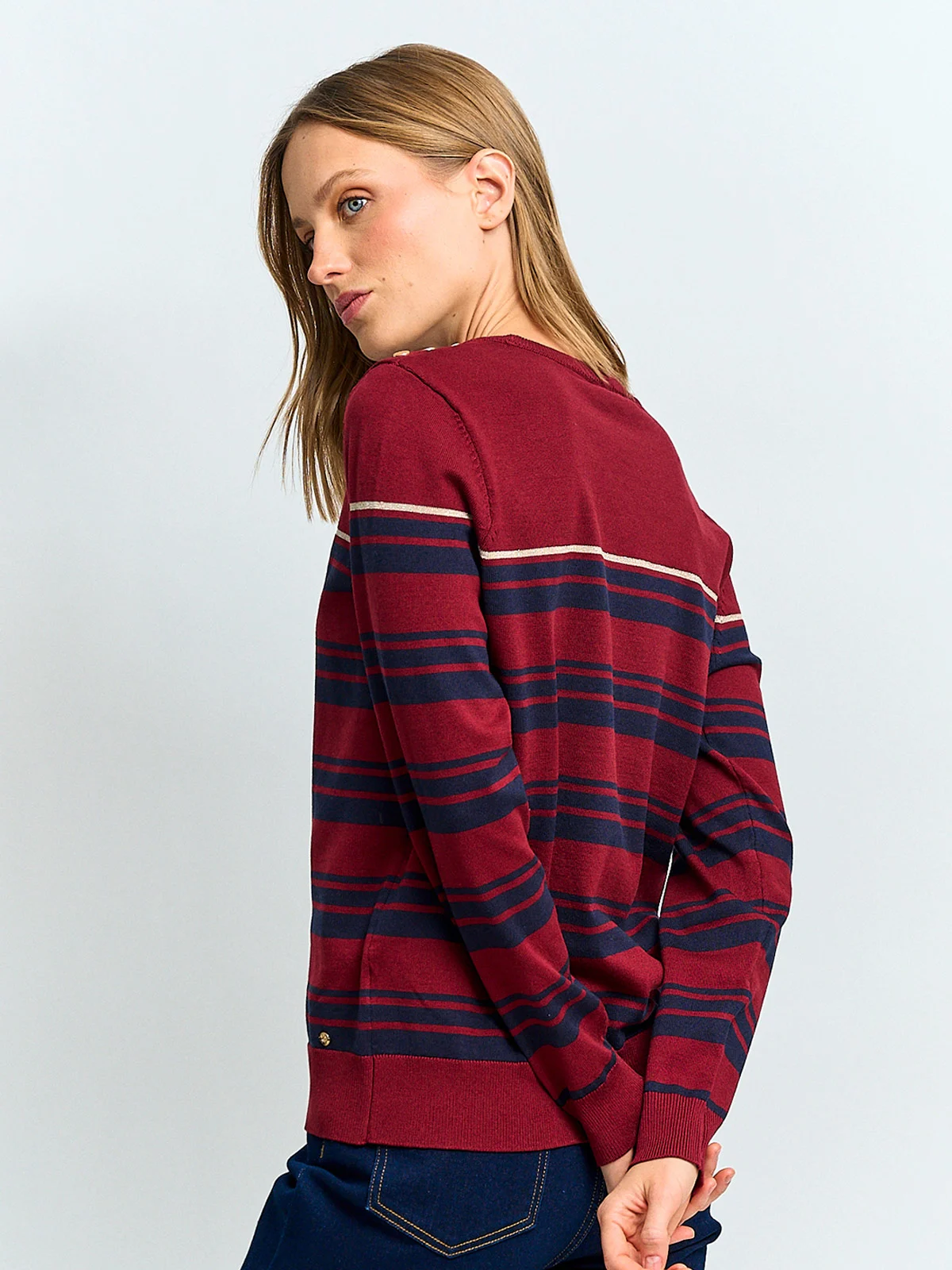 SWEATER MUJER CACHAREL CUELLO REDONDO MANGA LARGA RAYAS Y BOTONES - 2