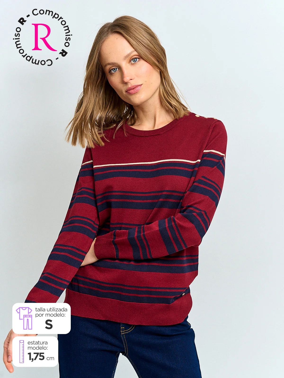 CACHAREL SWEATER MUJER CACHAREL CUELLO REDONDO MANGA LARGA RAYAS Y BOTONES