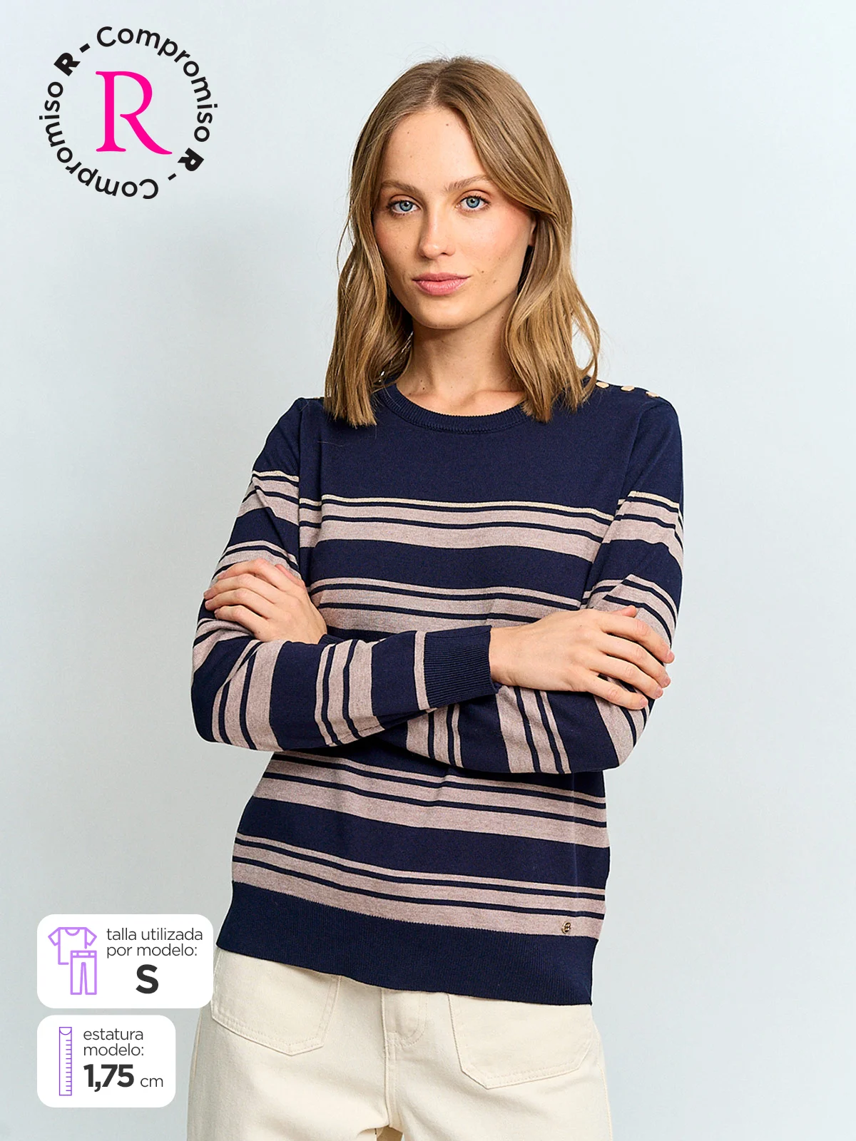 SWEATER MUJER CACHAREL CUELLO REDONDO MANGA LARGA RAYAS Y BOTONES - 1