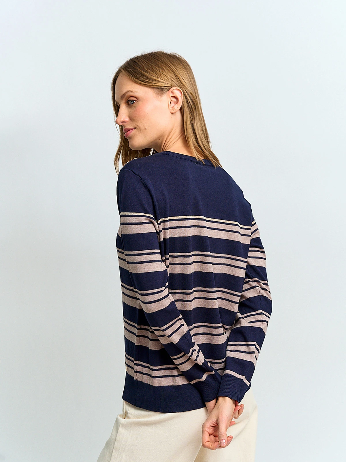 SWEATER MUJER CACHAREL CUELLO REDONDO MANGA LARGA RAYAS Y BOTONES - 2