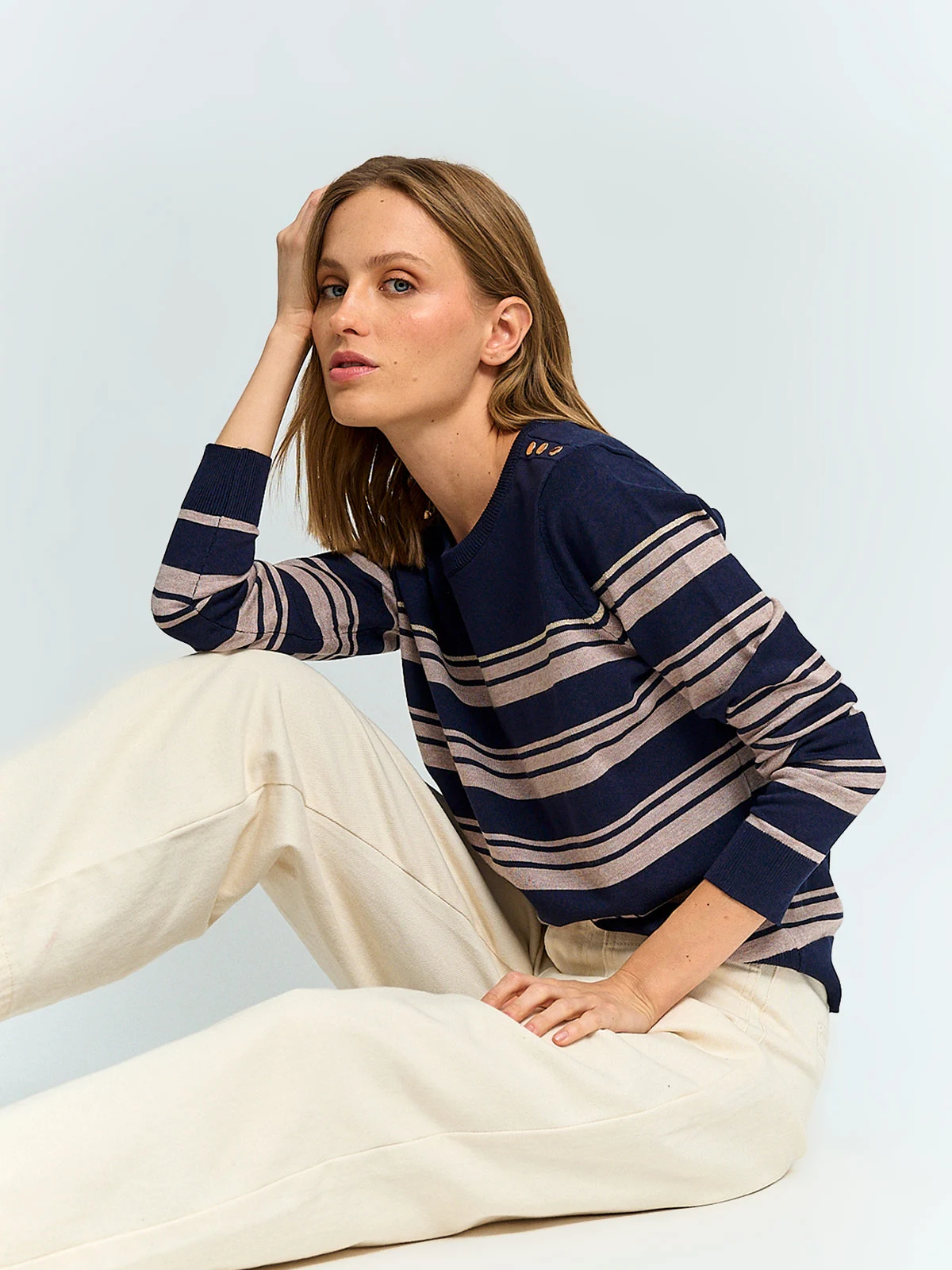 SWEATER MUJER CACHAREL CUELLO REDONDO MANGA LARGA RAYAS Y BOTONES - 4