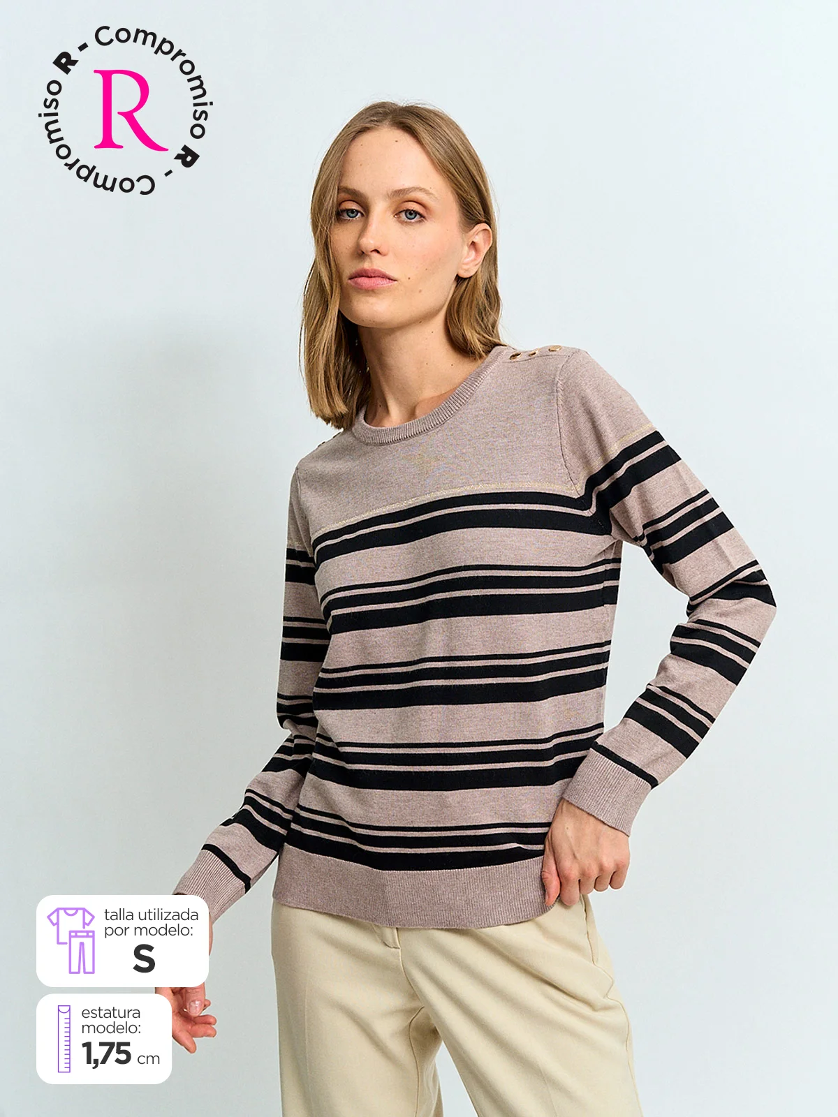 CACHAREL SWEATER MUJER CACHAREL CUELLO REDONDO MANGA LARGA RAYAS Y BOTONES