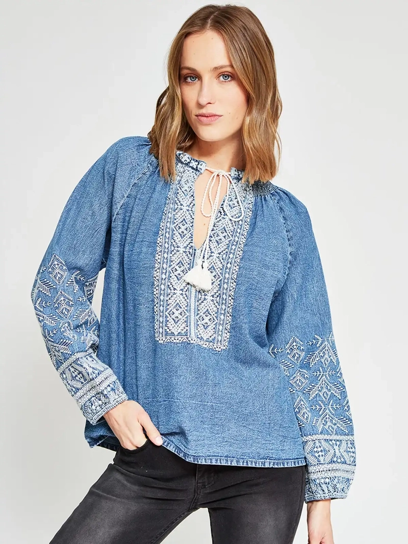 BLUSA MUJER TATIENNE ALGODÓN MANGA LARGA DENIM BORDADA - 2