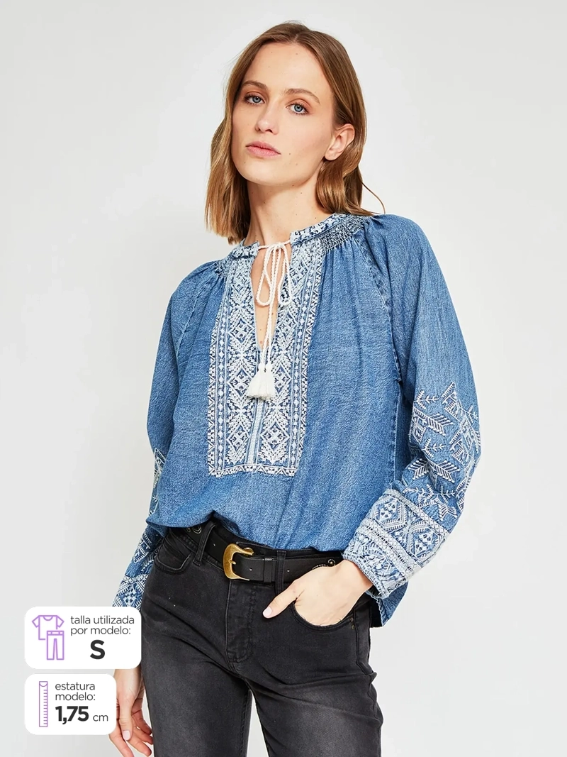 BLUSA MUJER TATIENNE ALGODÓN MANGA LARGA DENIM BORDADA