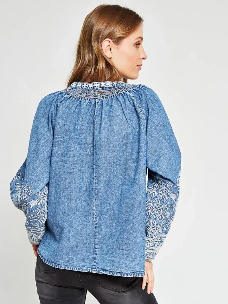 BLUSA MUJER TATIENNE ALGODÓN MANGA LARGA DENIM BORDADA - 3