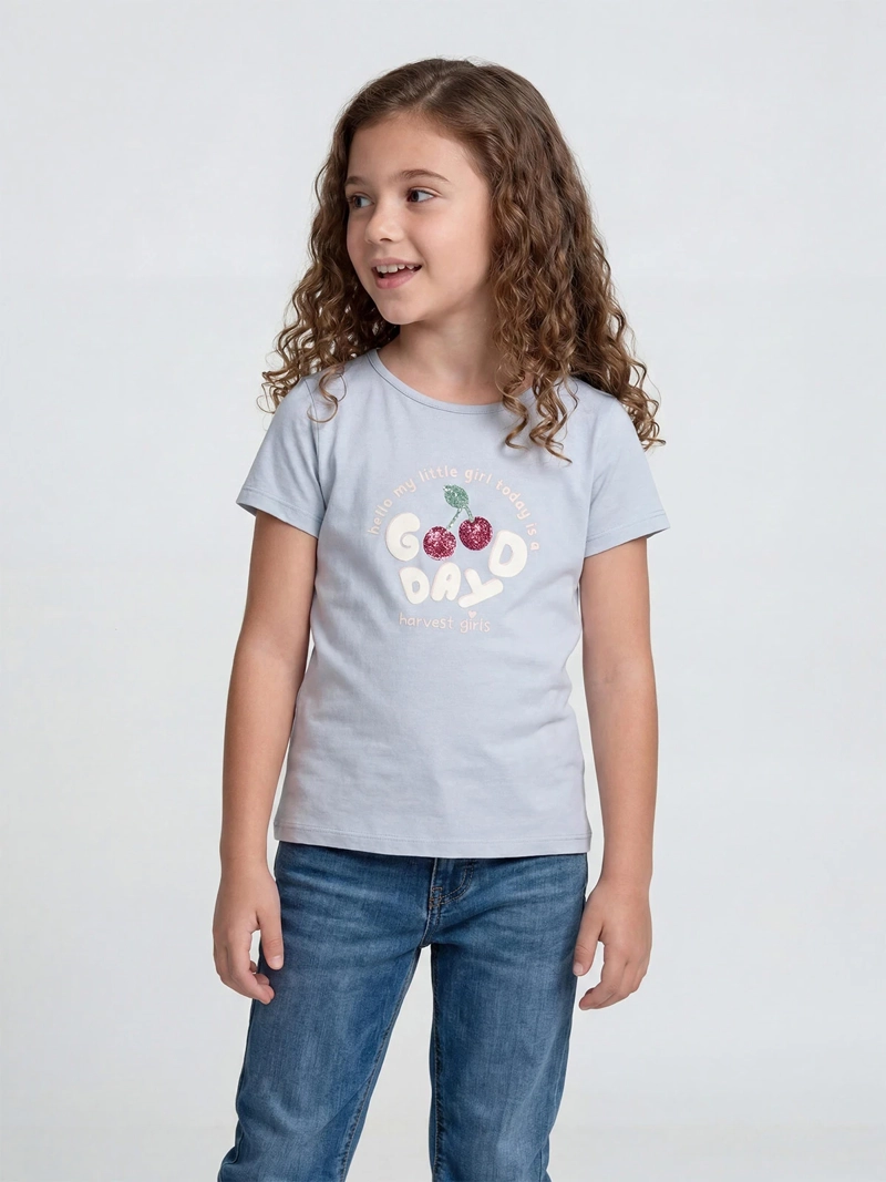 POLERA NIÑA HARVEST ALGODÓN MANGA CORTA LENTEJUELAS  - 1