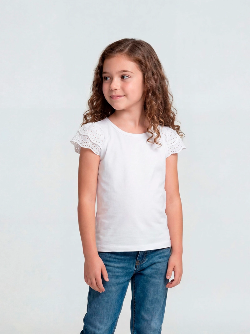 POLERA NIÑA HARVEST ALGODÓN MANGA CORTA VUELO BRODERIE - 1