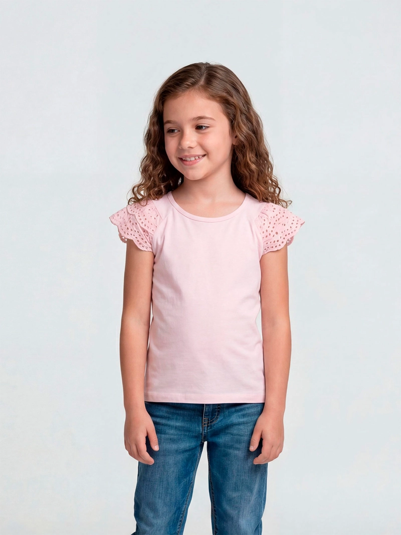 POLERA NIÑA HARVEST ALGODÓN MANGA CORTA VUELO BRODERIE - 1