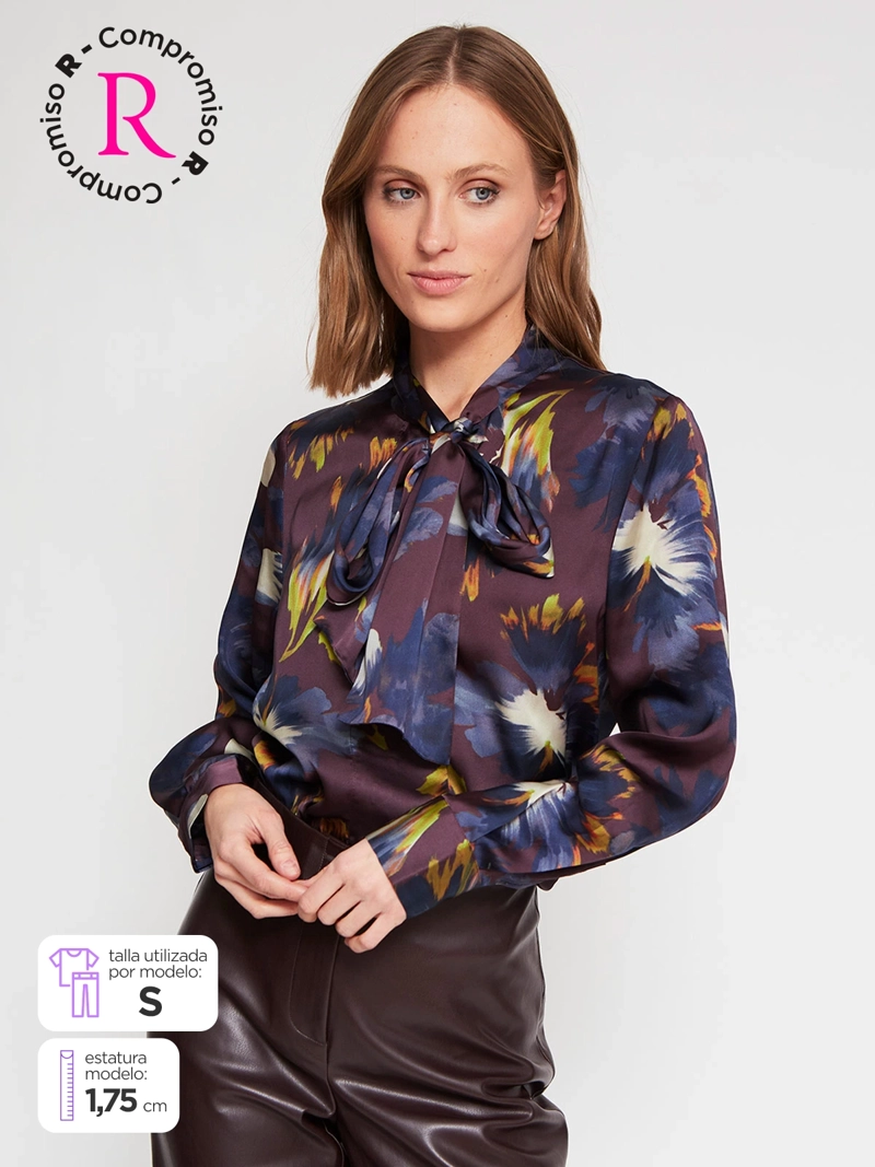 BLUSA MUJER CACHAREL CUELLO EN V MANGA LARGA LAZO - 1