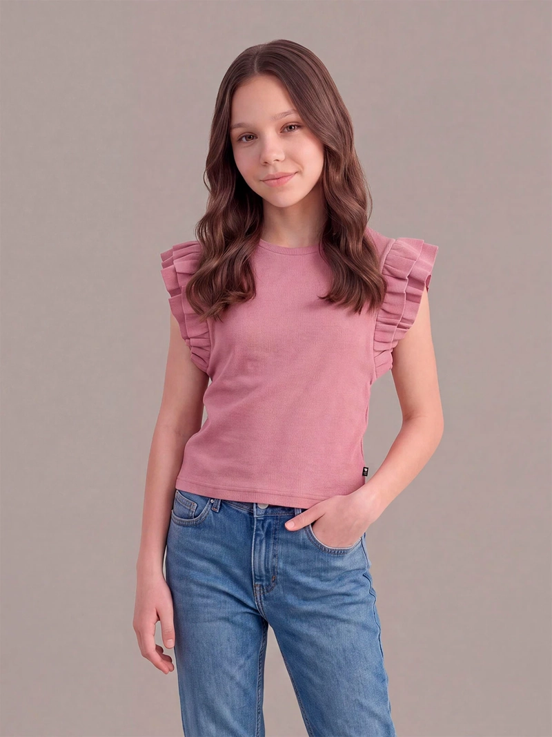 POLERA NIÑA INDEX TEEN ALGODÓN SIN MANGAS RIB VUELOS