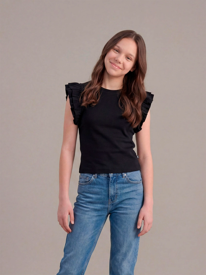 POLERA NIÑA INDEX TEEN ALGODÓN SIN MANGAS RIB VUELOS