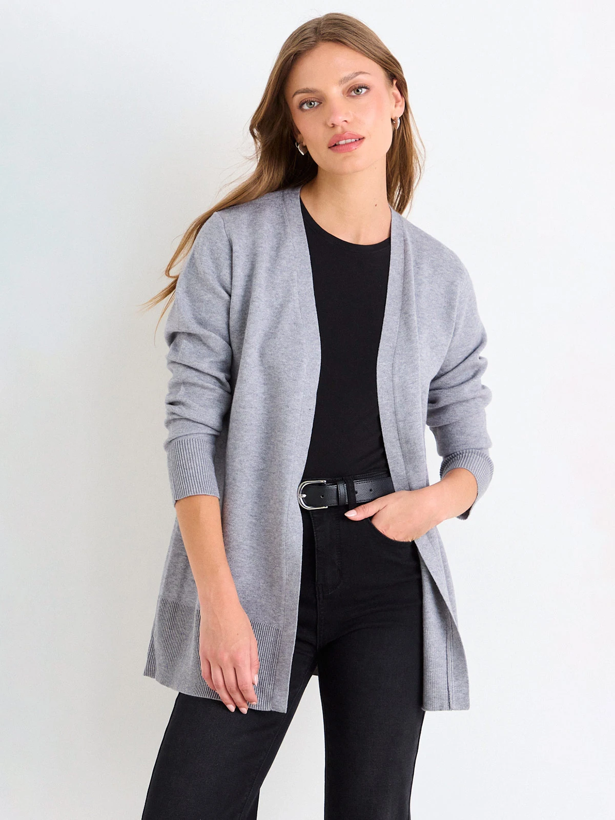 CARDIGAN MUJER ASH LARGO LISO RIB ANCHO - 3