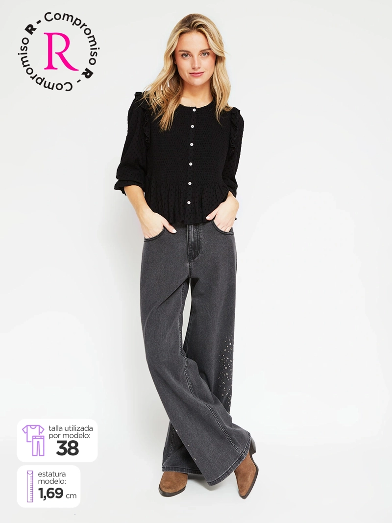 JEANS MUJER BARBADOS ALGODÓN WIDE LEG TACHAS - 1