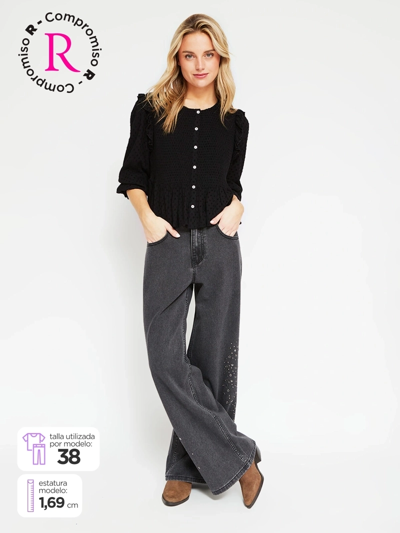 JEANS MUJER BARBADOS ALGODÓN WIDE LEG TACHAS - 1