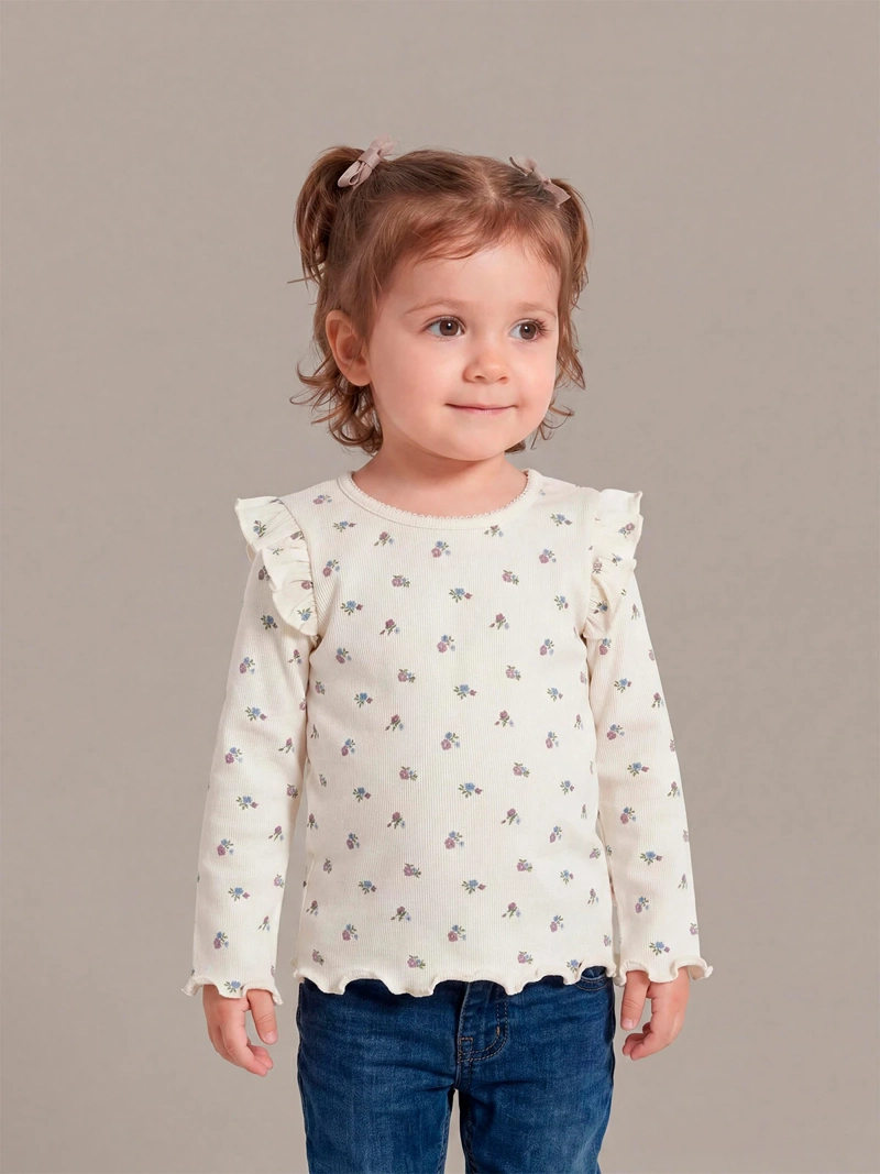 POLERA NIÑA BABY HARVEST ALGODÓN MANGA LARGA RIB ESTAMPADA VUELOS - 1