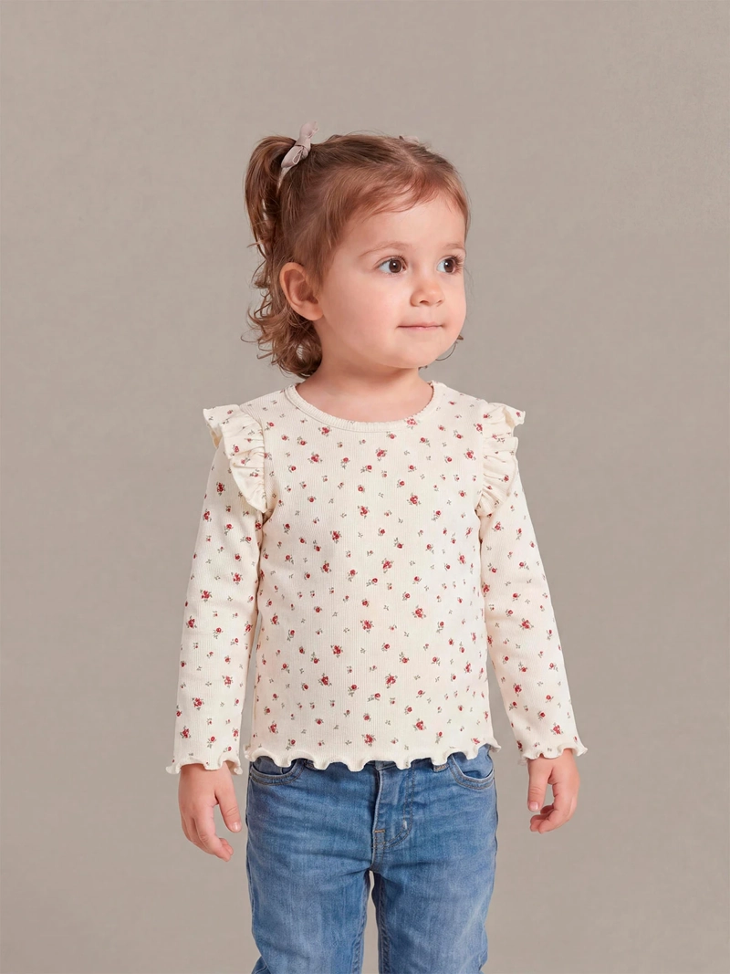 POLERA NIÑA BABY HARVEST ALGODÓN MANGA LARGA RIB ESTAMPADA VUELOS - 1
