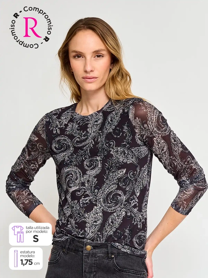 POLERA MUJER TATIENNE CUELLO REDONDO MANGA LARGA MALLA - 1