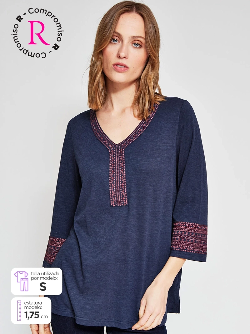 POLERA MUJER AZIZ ALGODÓN MANGA 3/4 BORDADA