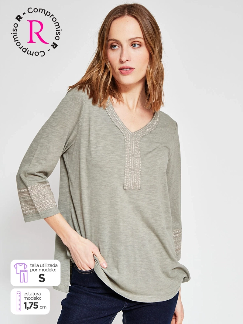 POLERA MUJER AZIZ ALGODÓN MANGA 3/4 BORDADA