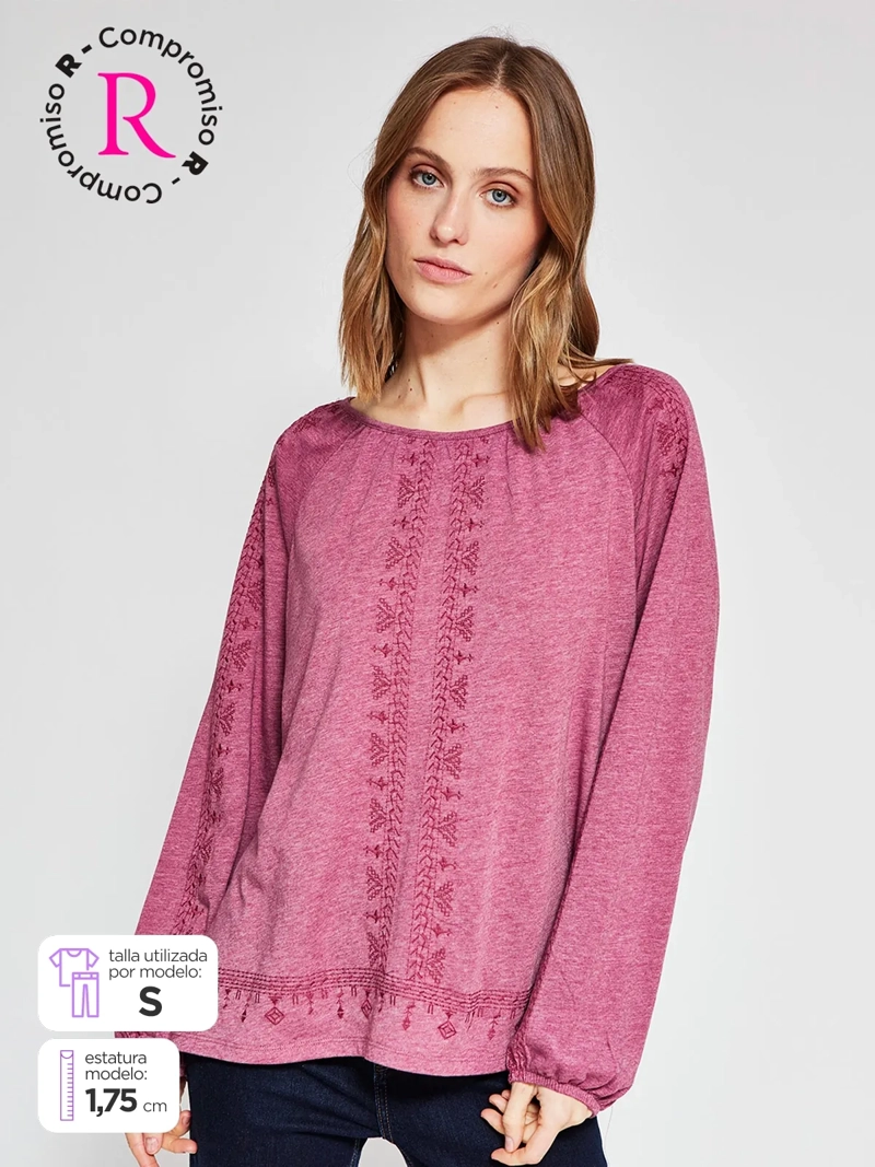 POLERA MUJER AZIZ ALGODÓN MANGA LARGA BORDADA - 1