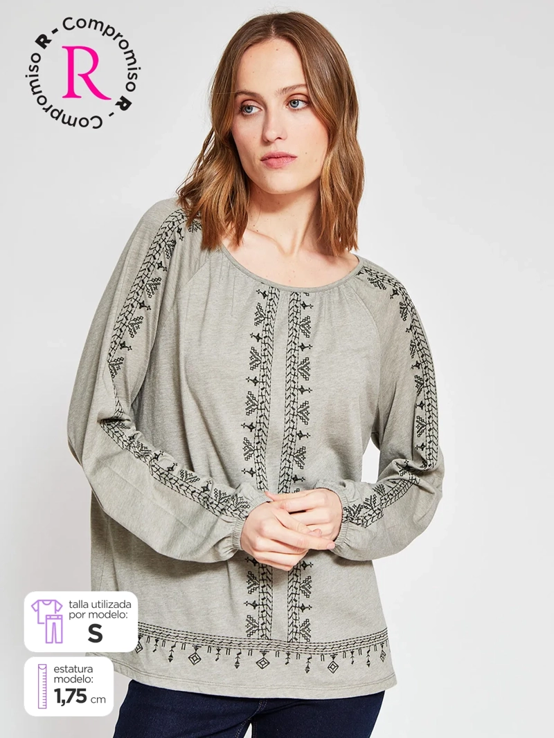POLERA MUJER AZIZ ALGODÓN MANGA LARGA BORDADA - 1