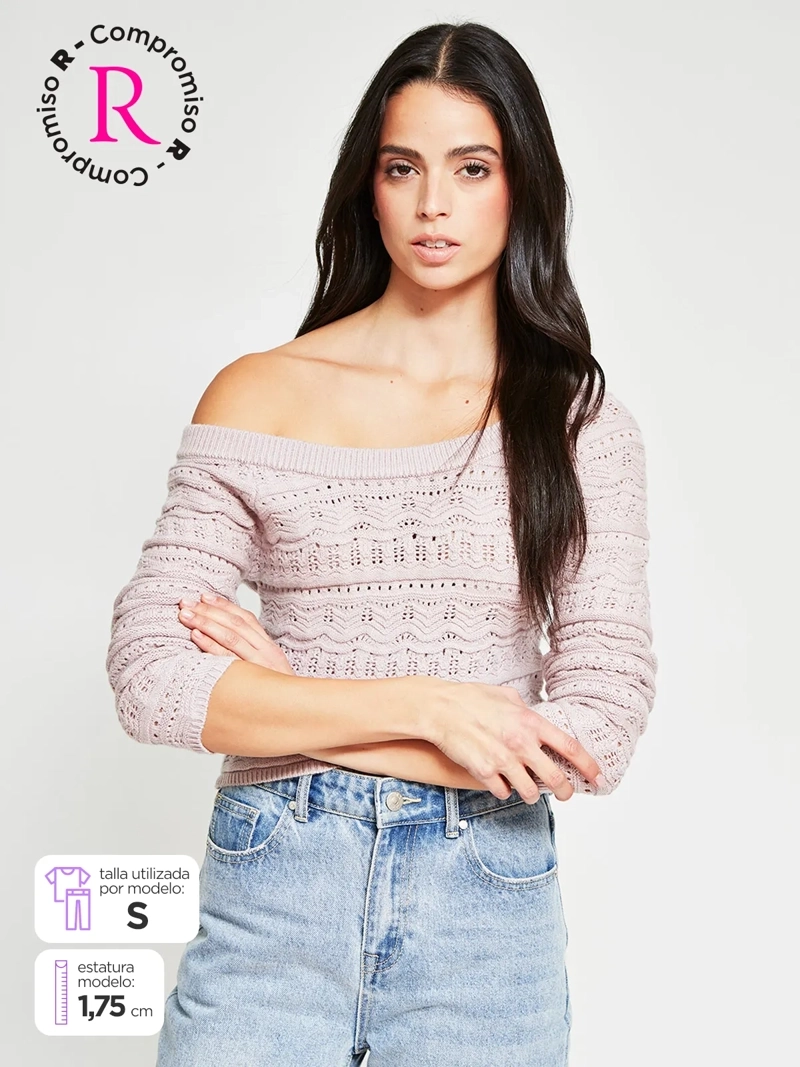 SWEATER MUJER INDEX MANGA LARGA BARDOT CALADO - 1