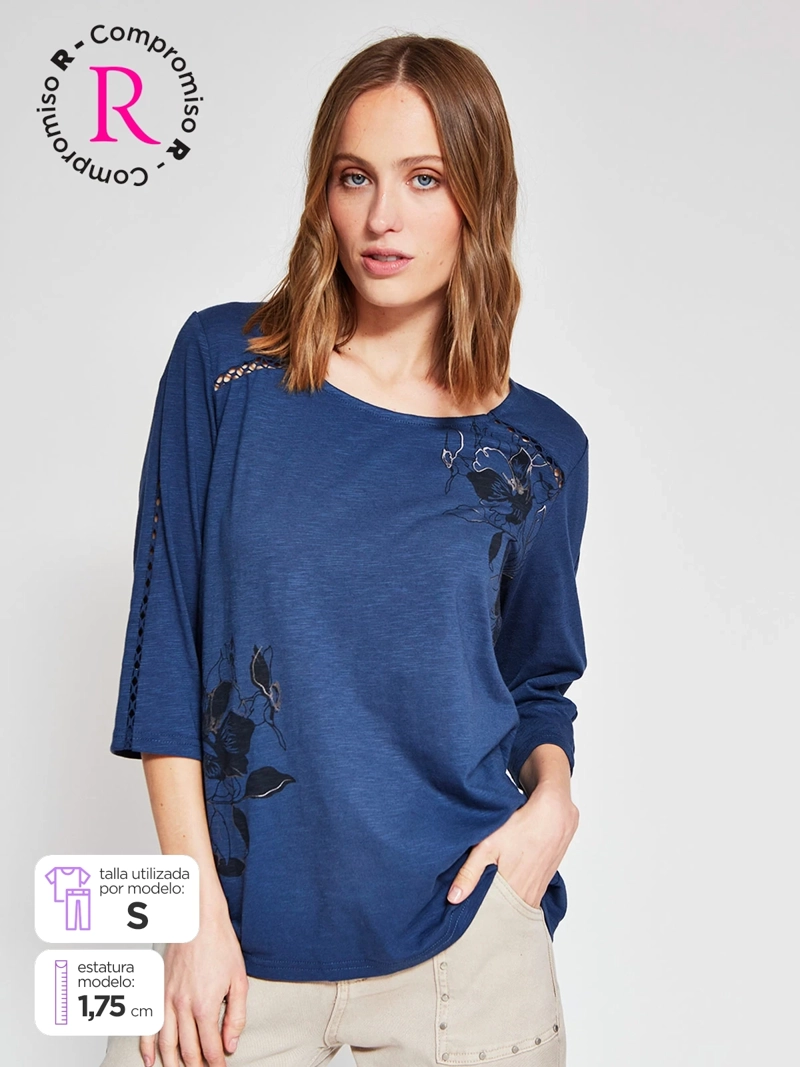 POLERA MUJER AZIZ ALGODÓN MANGA 3/4 ESTAMPADA