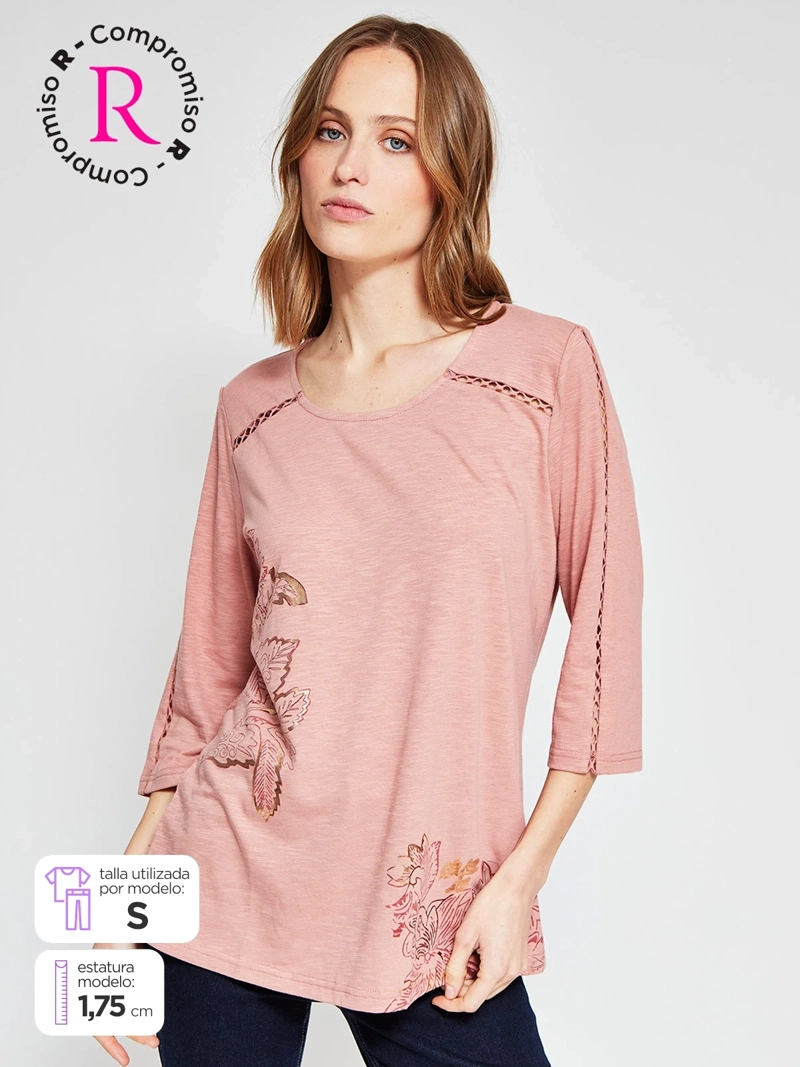 POLERA MUJER AZIZ ALGODÓN MANGA 3/4 ESTAMPADA