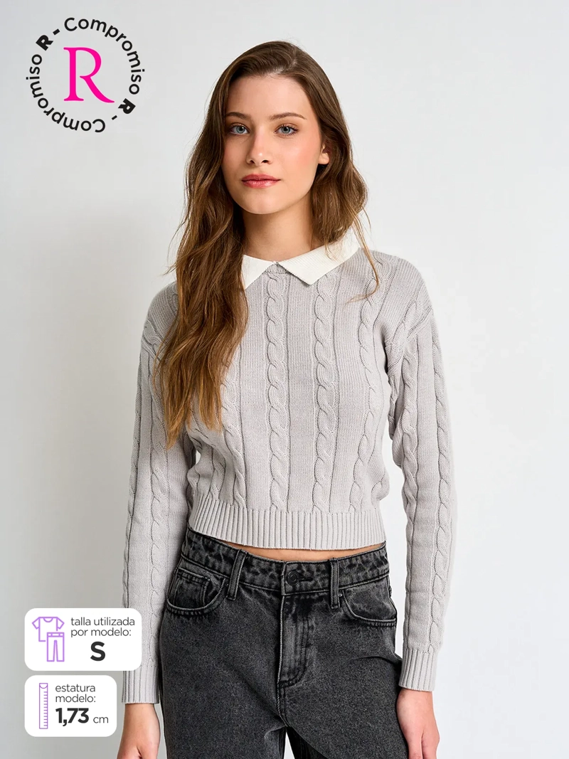 SWEATER MUJER INDEX ALGODÓN MANGA LARGA DETALLE CUERO - 1