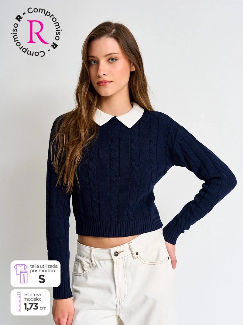 SWEATER MUJER INDEX ALGODÓN MANGA LARGA DETALLE CUERO - 1