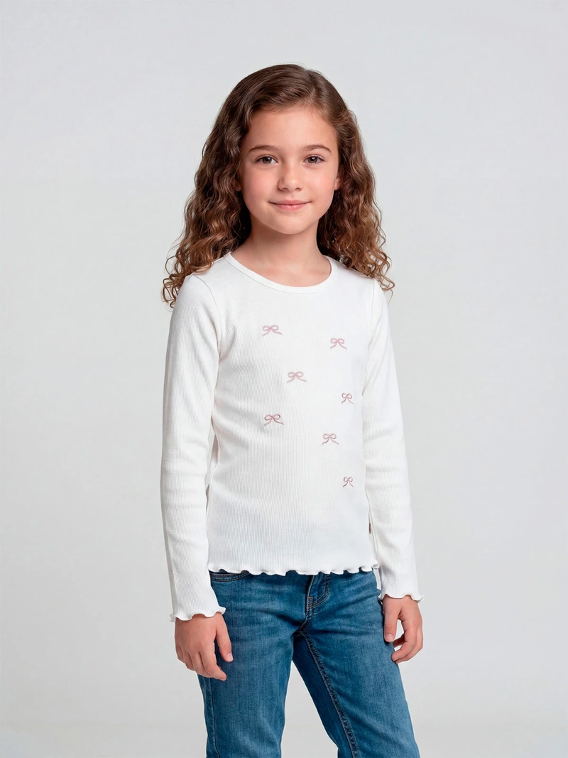 POLERA NIÑA HARVEST ALGODÓN MANGA LARGA RIB BORDADA - 1